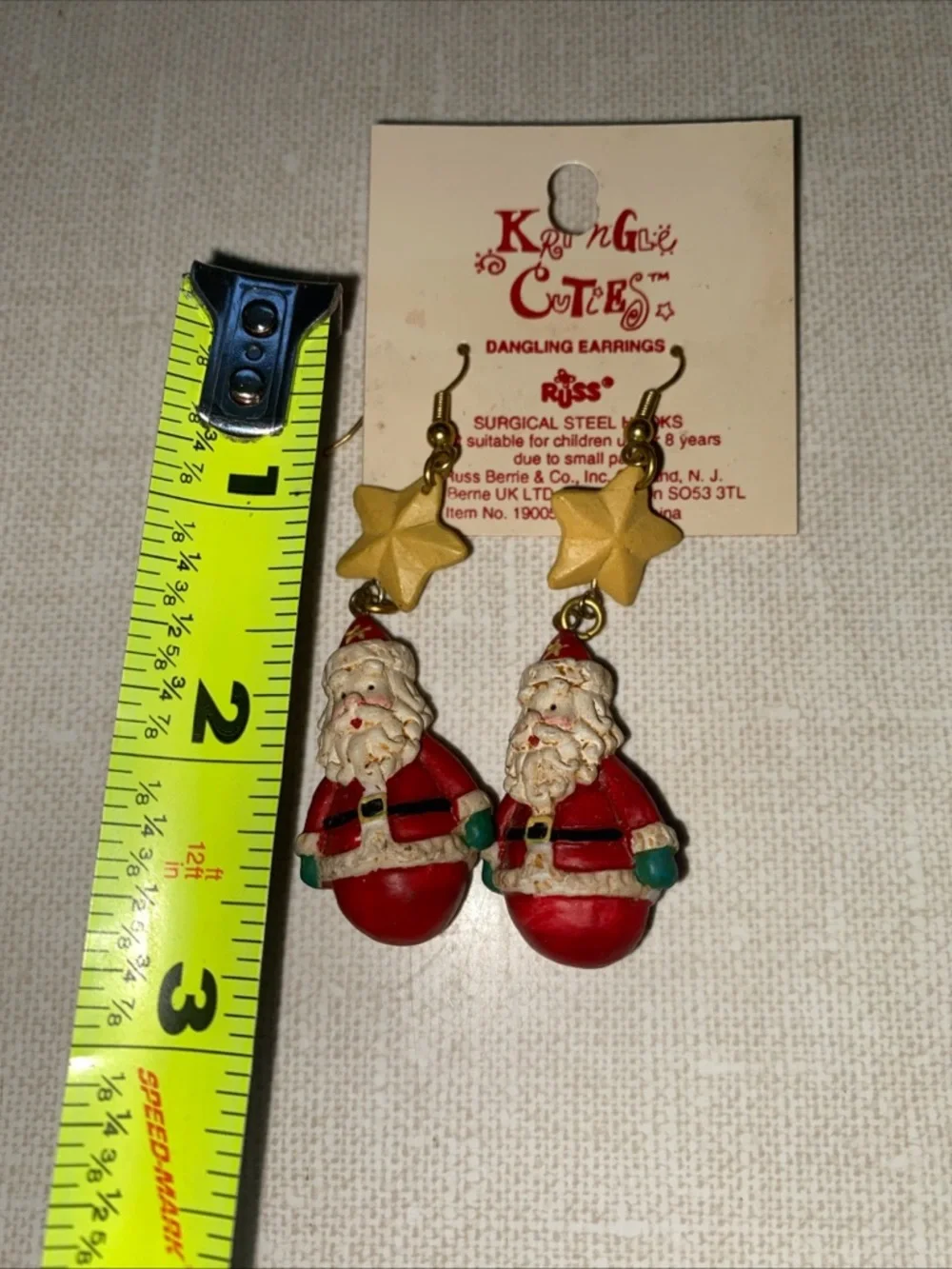 VTG Russ Kringle Cuties Dangle Earrings Surgical Steel Hooks Santa Claus